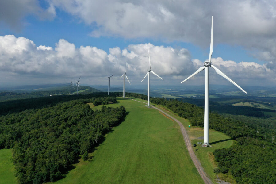 Wind turbines stand along the ridge of Backbone Mountain on Aug. 23, 2022 near Oakland, Maryland. Credit: Chip Somodevilla/Getty Images